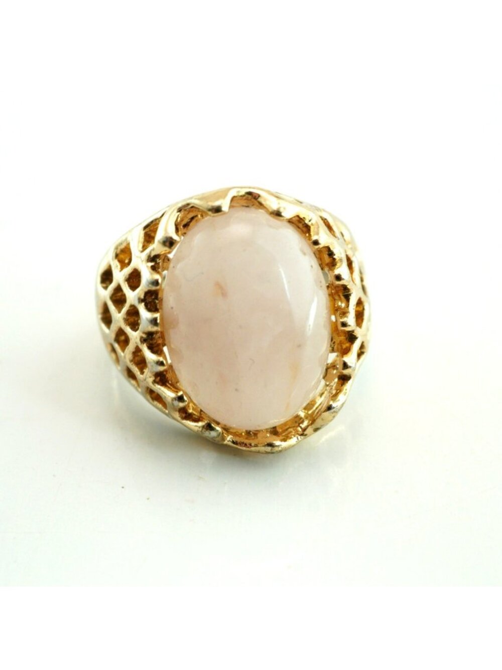 Vintage Pale Pink Cabochon Stone Gold-Tone Openwork Statement Ring Size 7.5
